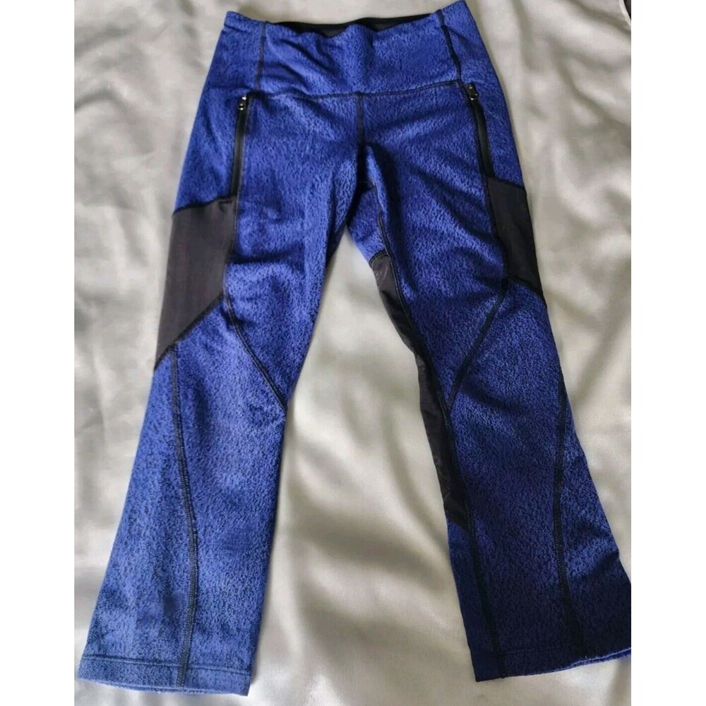 Lululemon Womens Sz 6 Blue Rush Hour 21” Crop Leggings Mesh Panels Zip Pockets